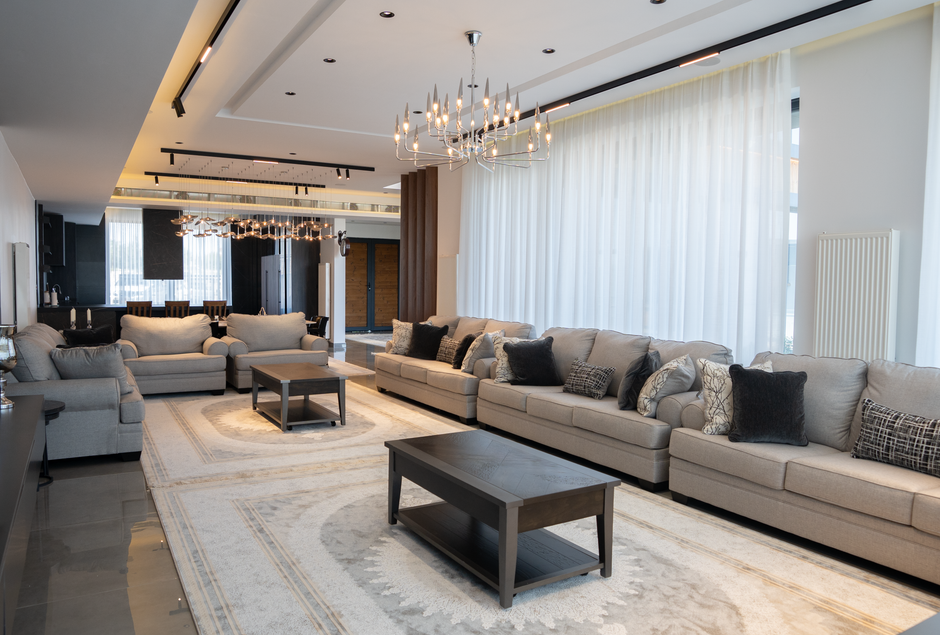 Spacious and elegant living room with modern furniture and decor.